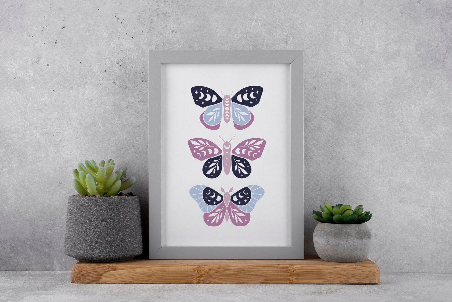 Celestial Moth trio with moon phase in purples high quality wall art *PRINT ONLY