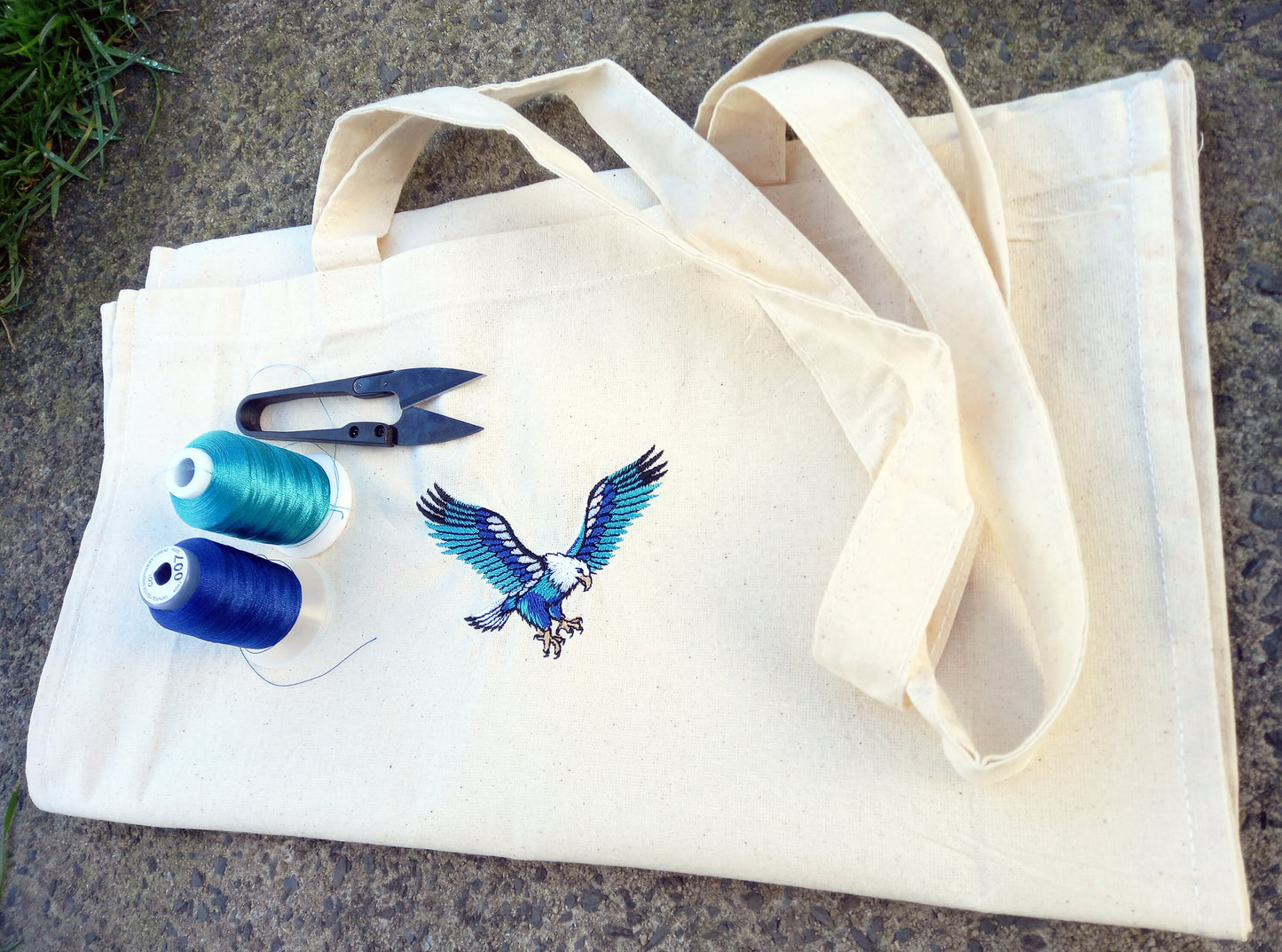 Golden Eagle Bird of Prey in Blue and Green Embroidered Tote Shopping/Gym/work Bag | ONE-OFF