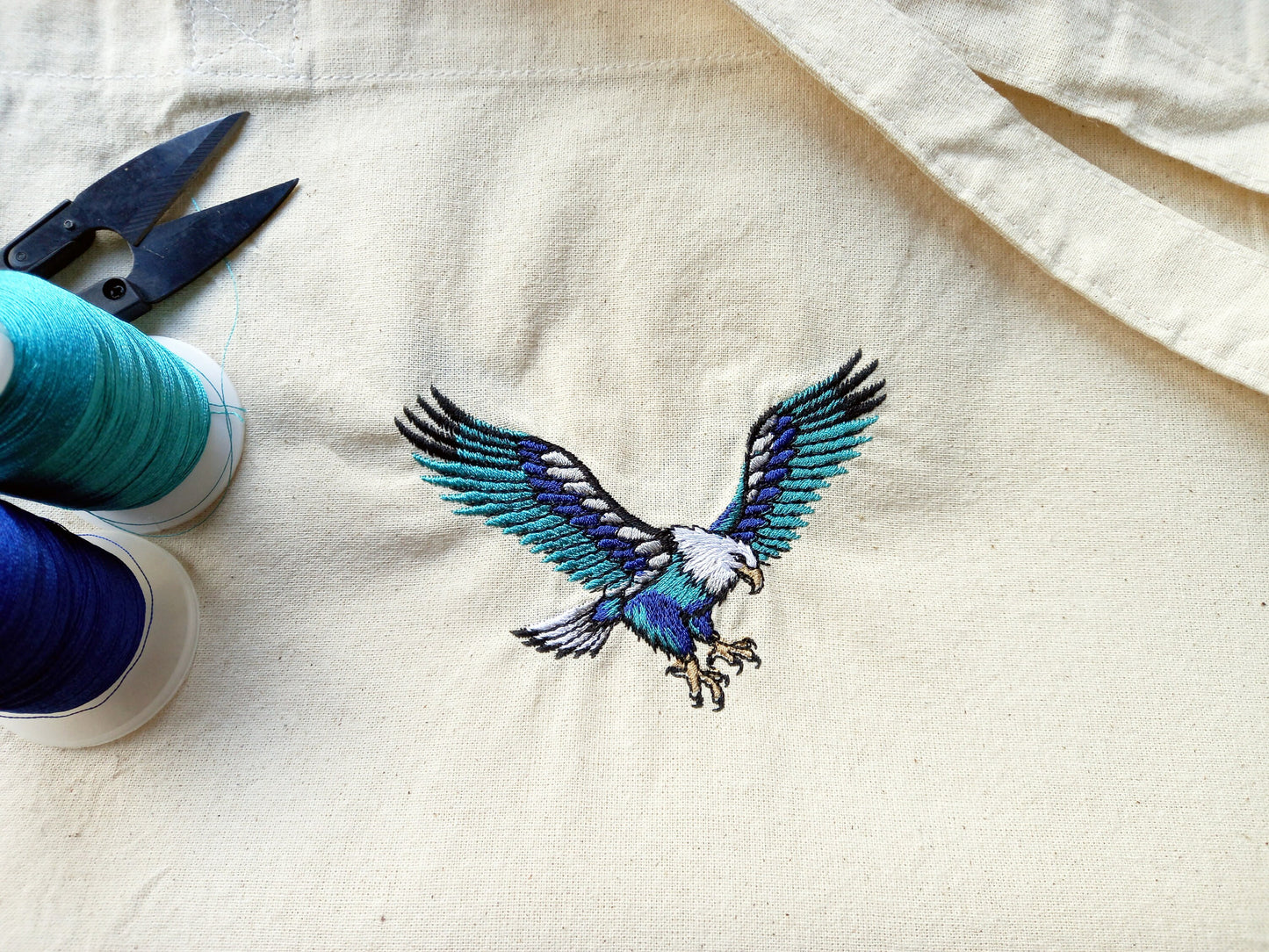 Golden Eagle Bird of Prey in Blue and Green Embroidered Tote Shopping/Gym/work Bag | ONE-OFF