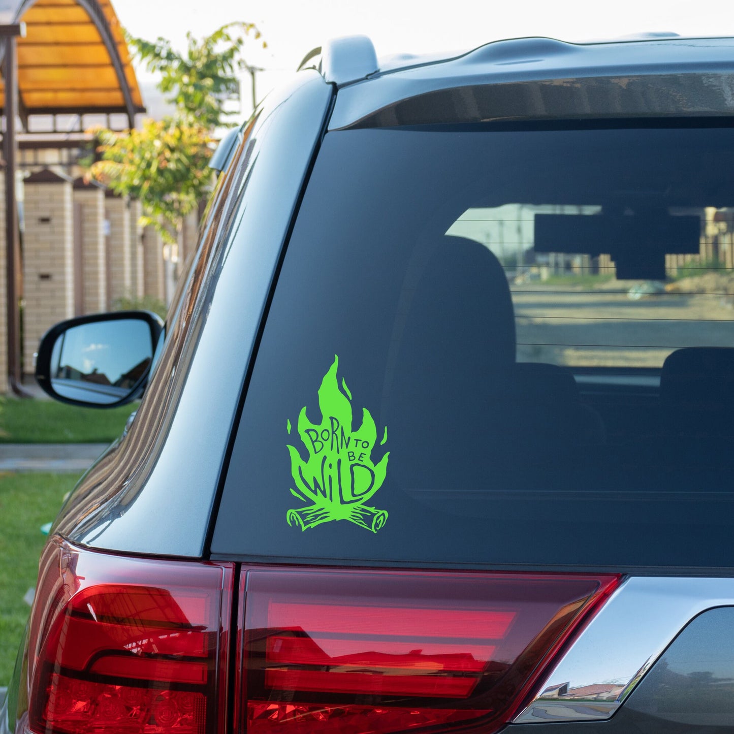 A born to be wild campfire decal stuck on a car window