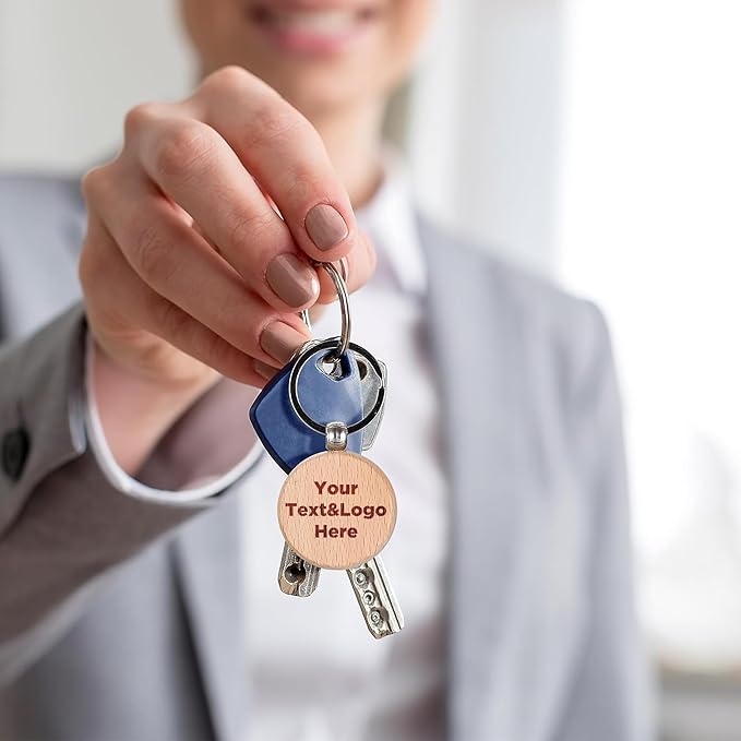 Custom Personalised Engraved Round Wooden Keyring Keychain Keyfob