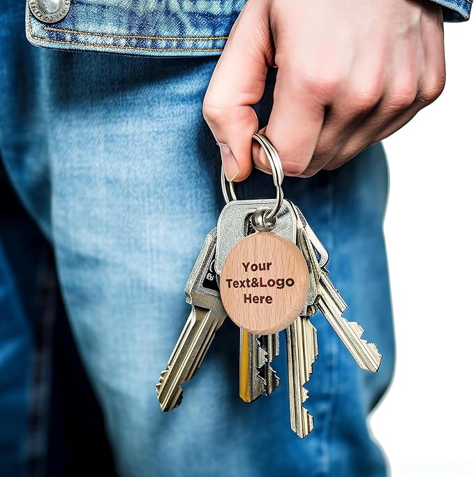 Custom Personalised Engraved Round Wooden Keyring Keychain Keyfob