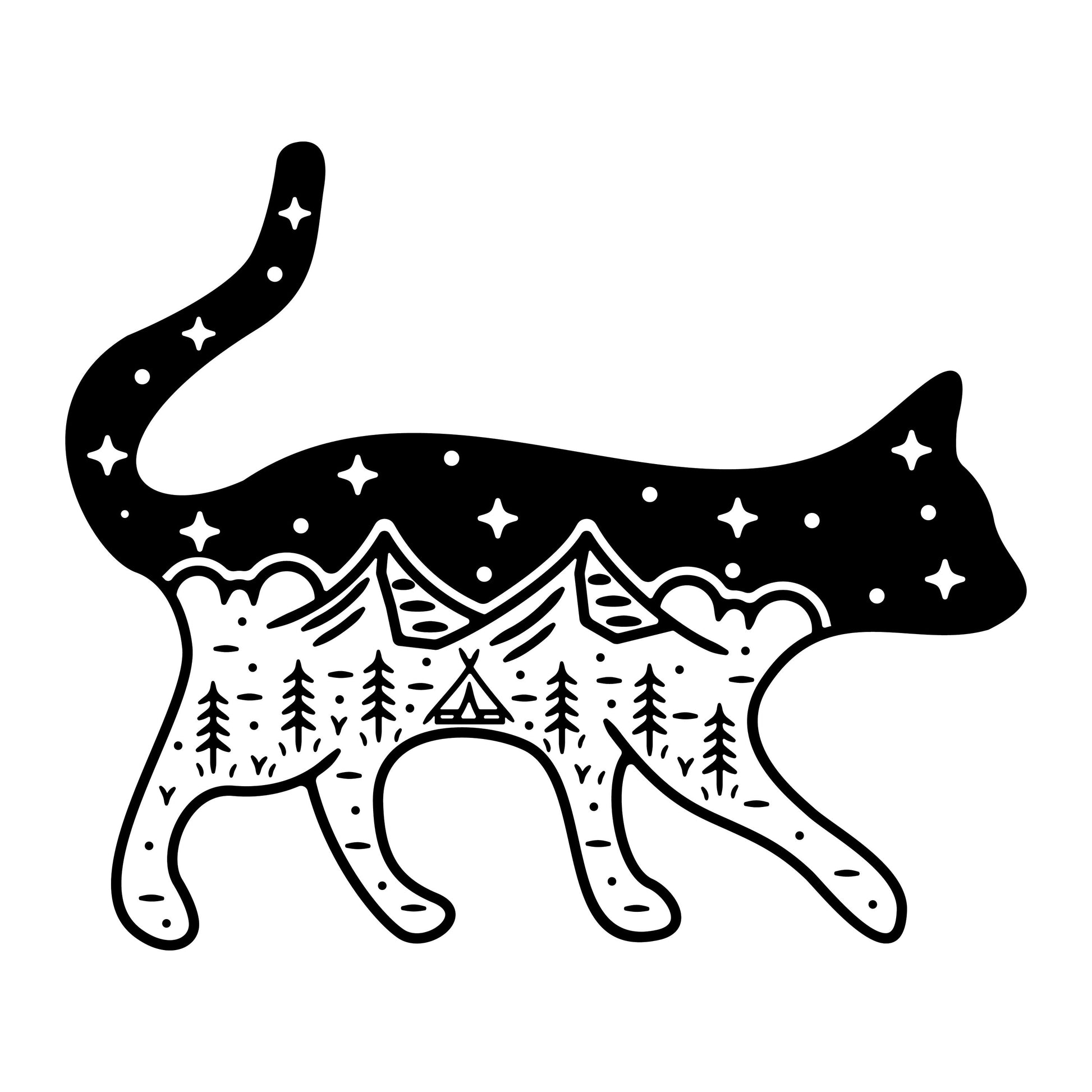 Large Walking Cat Mountain Range | Waterproof Vinyl Decal Sticker | 50cm x 60cm