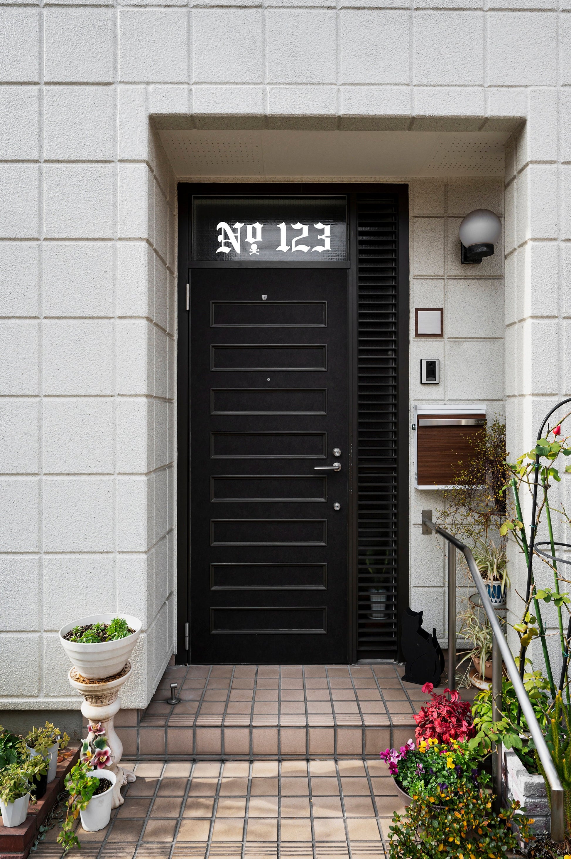 a pirate themed door number decal sticker with a skull under the "o" in place of a dot zoomed out view.