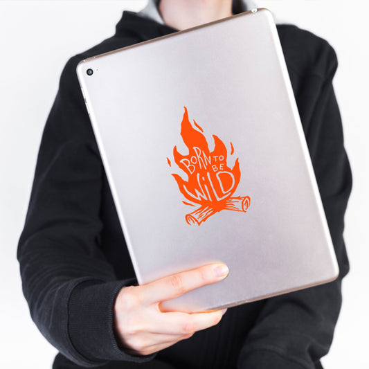 A born to be wild campfire decal stuck on a laptop being held by a male.